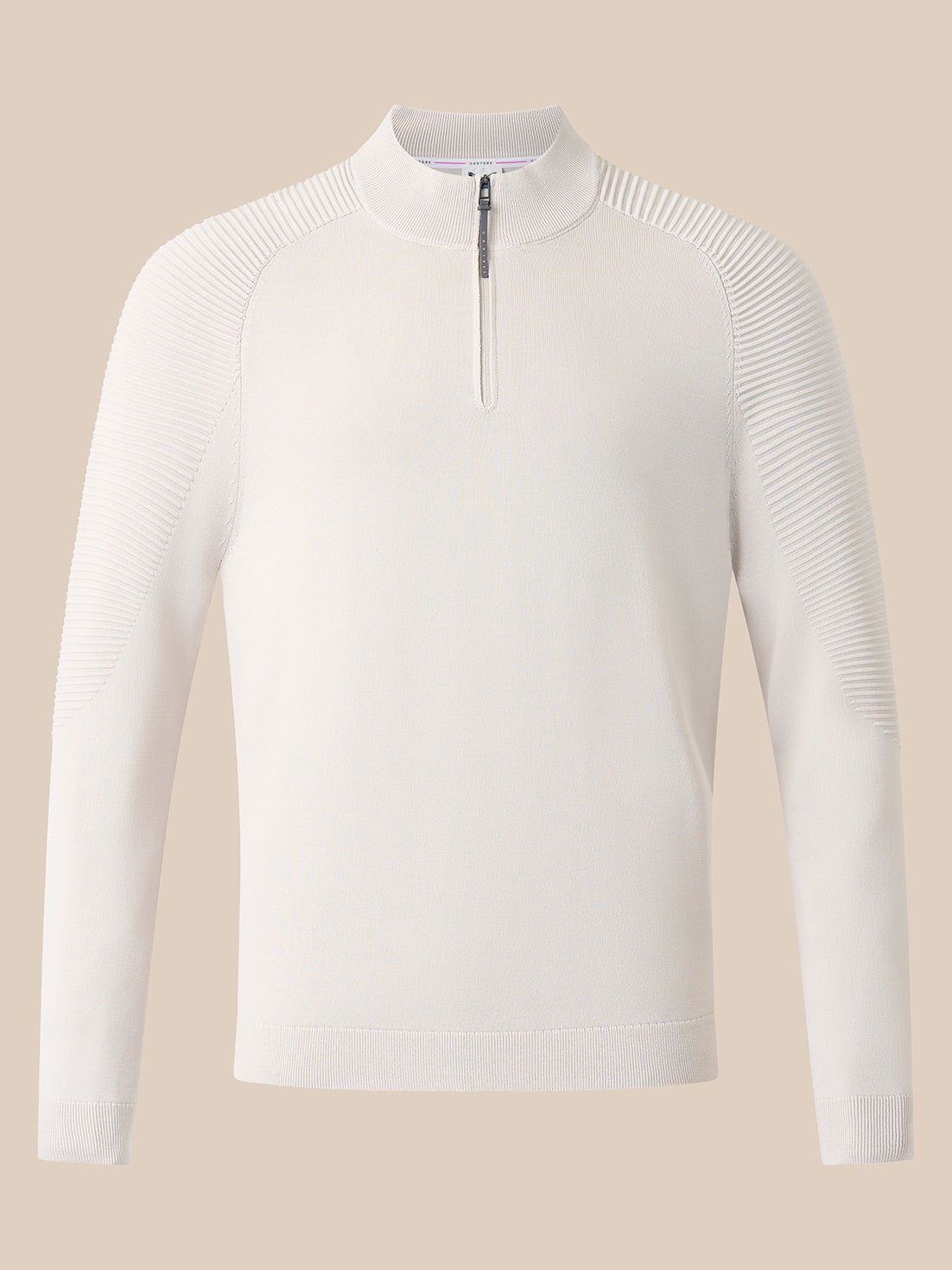 Cream knit long sleeve top with ribbed shoulder panels and funnel neckline with quarter zip.