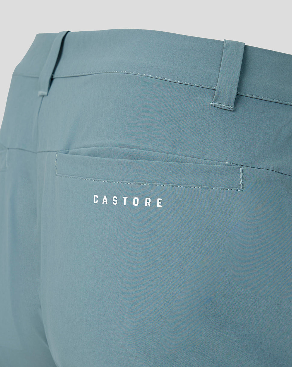 Close-up of light blue pants with 'CASTORE' branding on a gray background