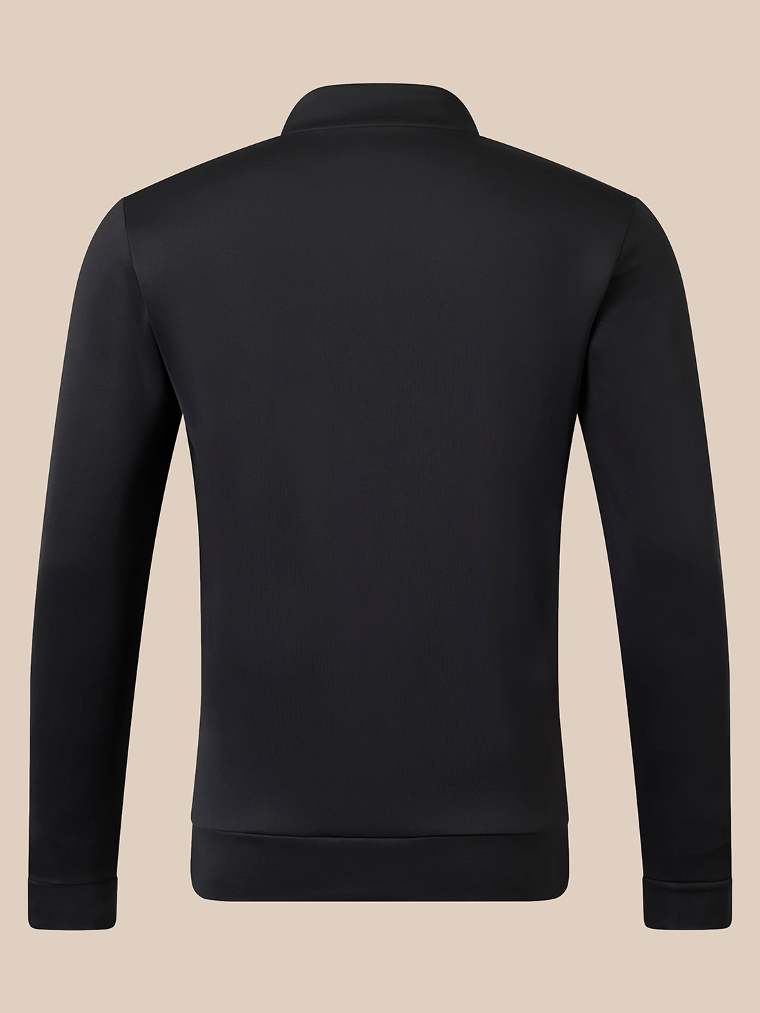 A black long-sleeve quarter-zip pullover jacket shown from the back, featuring a mock neck collar and ribbed cuffs and hem, set against a solid beige background.