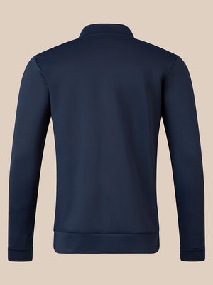 A dark navy blue long-sleeve quarter-zip sweatshirt shown from the back, displayed on a solid beige background.