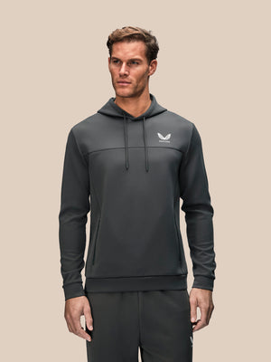 Front view of Men's Flex Hoodie in gunmetal grey with drawstring hood and small chest logo.