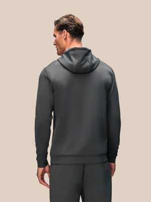 Back view of Men's Flex Hoodie in gunmetal grey with hood.