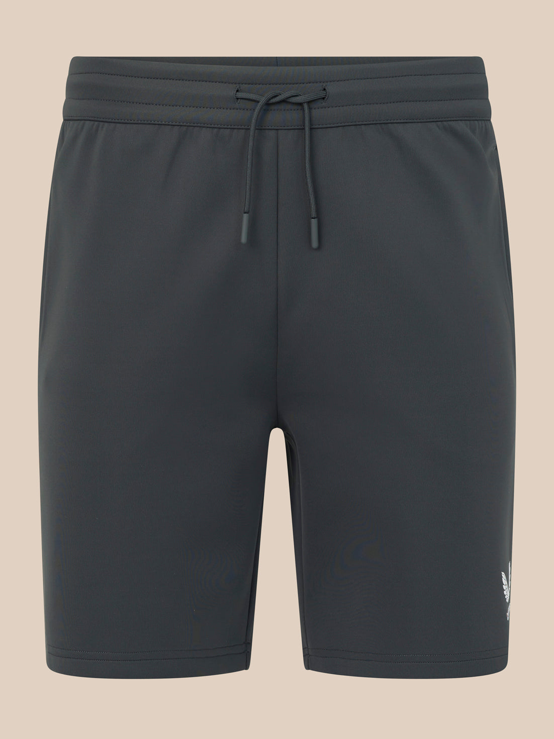 Dark gray shorts with a drawstring on a beige background