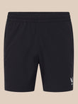 Back view of black 6 inch training shorts with an elastic waistband and a small white Castore logo at the lower right