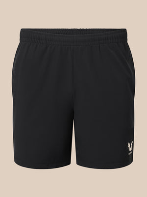 Front view of black men's 6 inch shorts with elastic waistband and small logo on the leg