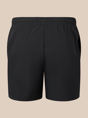 Back view of black men's 6 inch shorts with an elastic waistband
