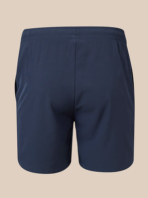 Back view of navy men's 6 inch shorts with an elastic waistband