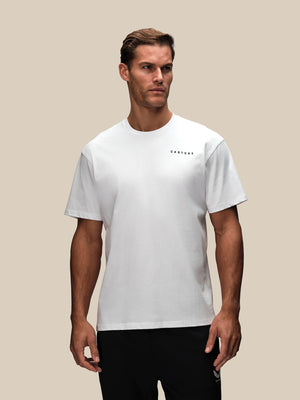 White men's Flex short sleeve T shirt worn by model with small Castore logo on chest
