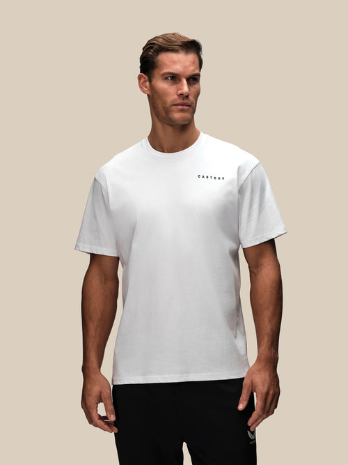 White men's Flex short sleeve T shirt worn by model with small Castore logo on chest
