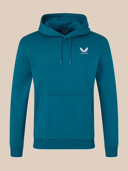 Blue hoodie with a logo on a beige background