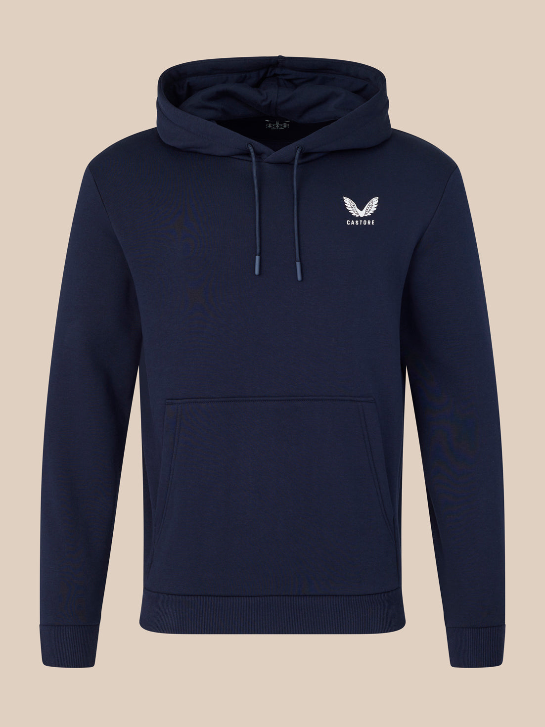 Navy blue hoodie with a white logo on a beige background