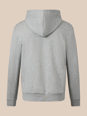 A light gray heathered hooded sweatshirt shown from the back, featuring a simple split hood and long sleeves, set against a solid beige background.