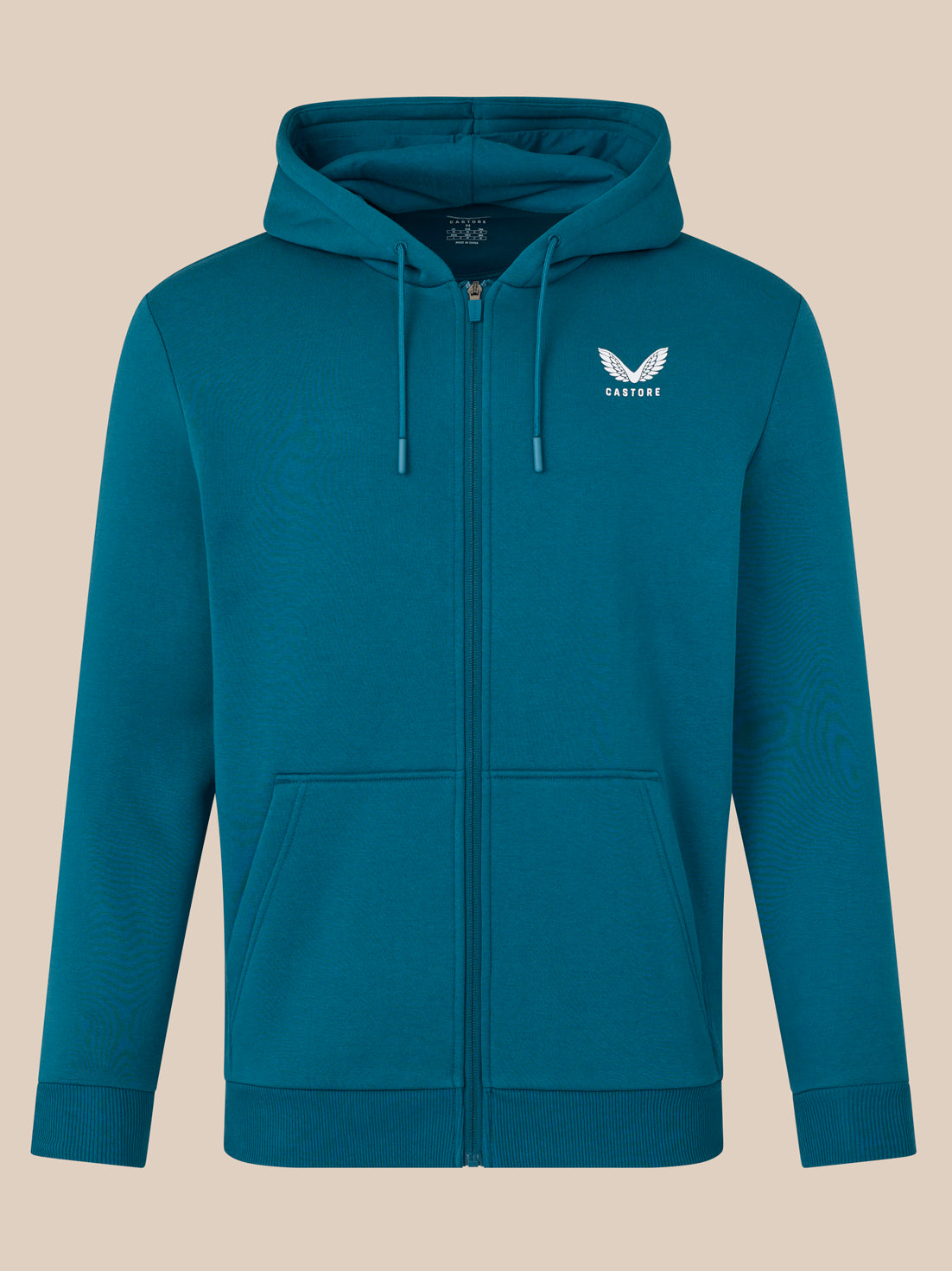 Blue hoodie with a logo on a beige background