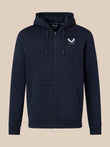 A navy blue zip-up hoodie with a white embroidered winged logo on the left chest, displayed on a solid beige background.