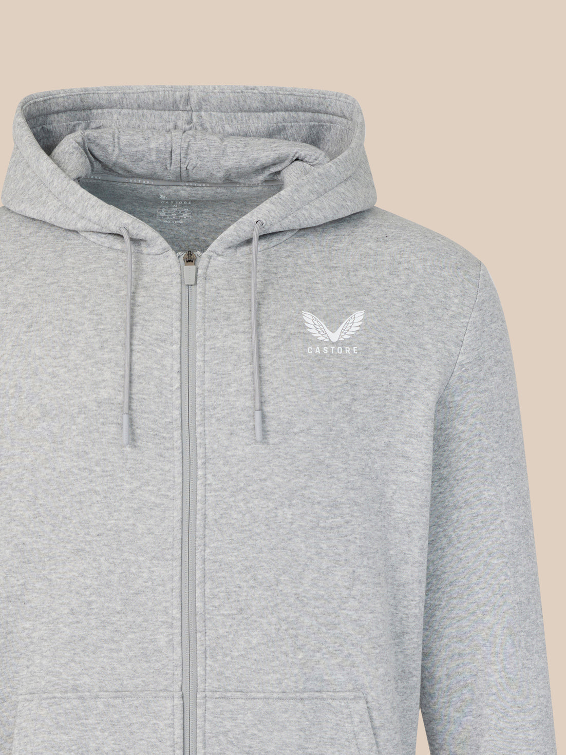 Gray hoodie with a logo on a beige background