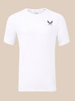 A white short-sleeve crewneck t-shirt with a black winged logo and the word 'CASTORE' printed on the left chest, displayed against a solid beige background.