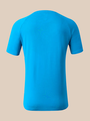 A bright blue short-sleeve athletic t-shirt shown from the back, displayed on an invisible mannequin against a solid beige background.
