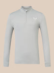 A light gray long-sleeve quarter-zip pullover with a small white wing logo on the left chest, displayed on a solid beige background.