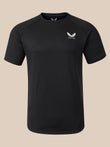 A black short-sleeve athletic t-shirt with a small white wing logo and the word 'CASTORE' on the left chest, displayed on a neutral beige background.