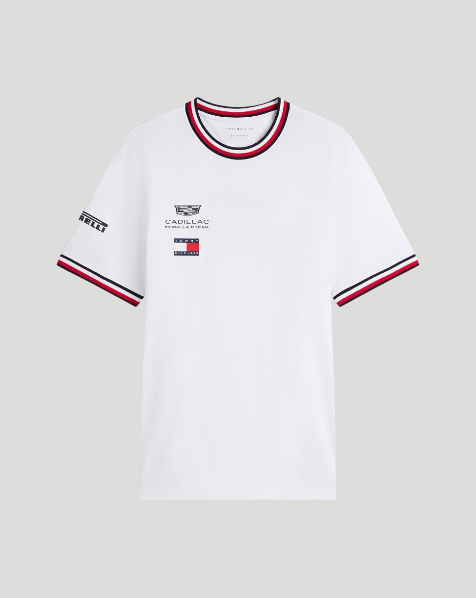 White Tommy Hilfiger Cadillac F1 Team unisex T shirt with chest logos and striped collar and sleeves