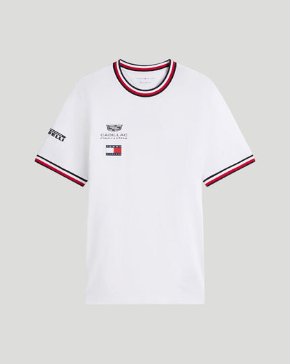 White Tommy Hilfiger Cadillac F1 Team unisex T shirt with chest logos and striped collar and sleeves