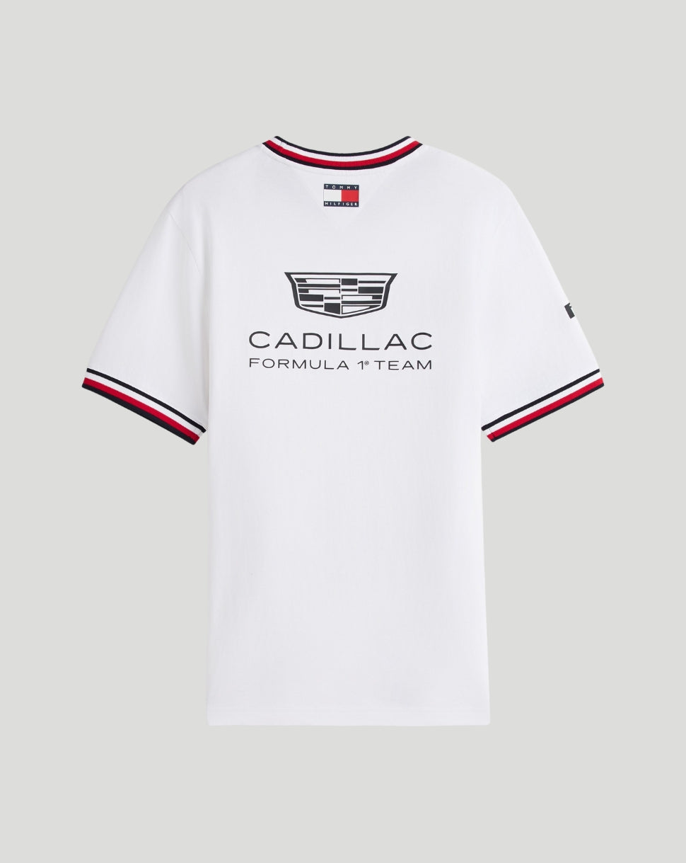 White T shirt back view with large Cadillac Formula 1 Team logo and small flag at the neckline