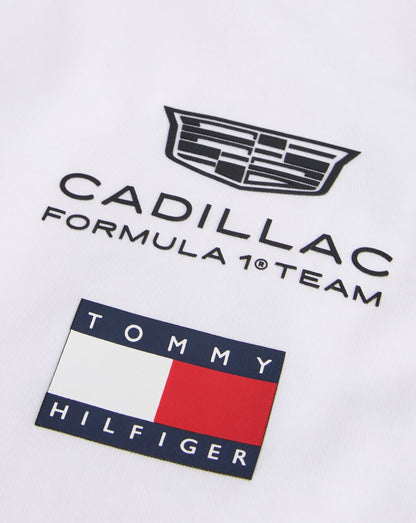 White unisex Tommy Hilfiger Cadillac F1 Team T shirt with Cadillac crest and Tommy Hilfiger logo.