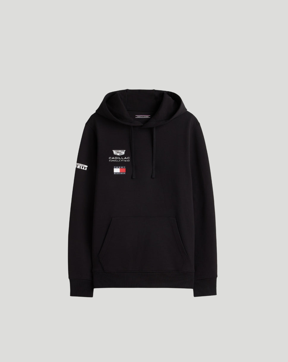 Black Tommy Hilfiger x Cadillac F1 unisex hoodie with Cadillac emblem and small patches on chest and sleeve