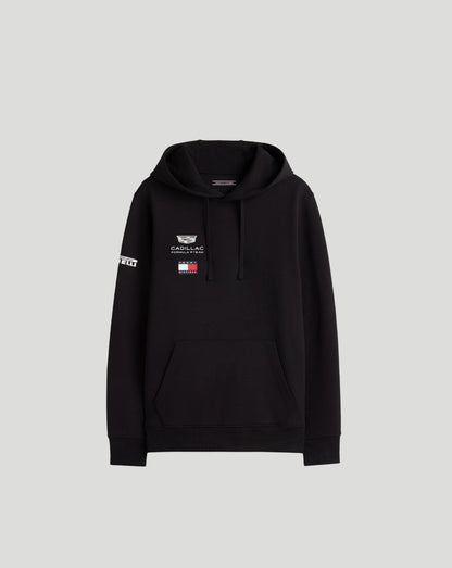 Black Tommy Hilfiger x Cadillac F1 unisex hoodie with Cadillac emblem and small patches on chest and sleeve