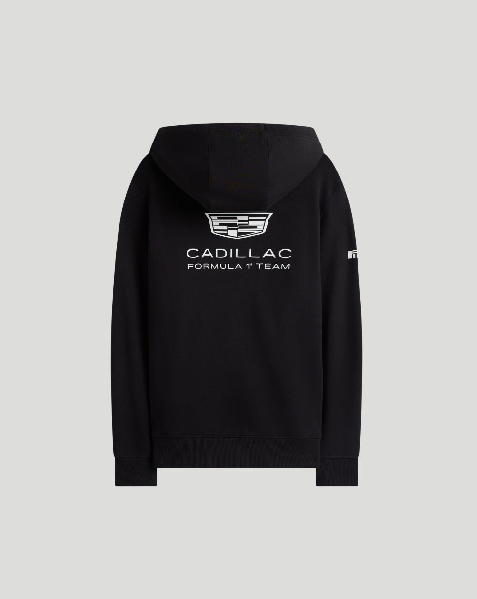 Back view of black Cadillac Formula 1 Team hoodie with large Cadillac emblem on the upper back