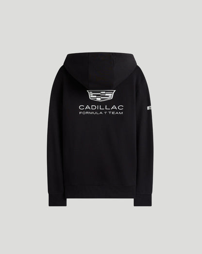 Back view of black Cadillac Formula 1 Team hoodie with large Cadillac emblem on the upper back