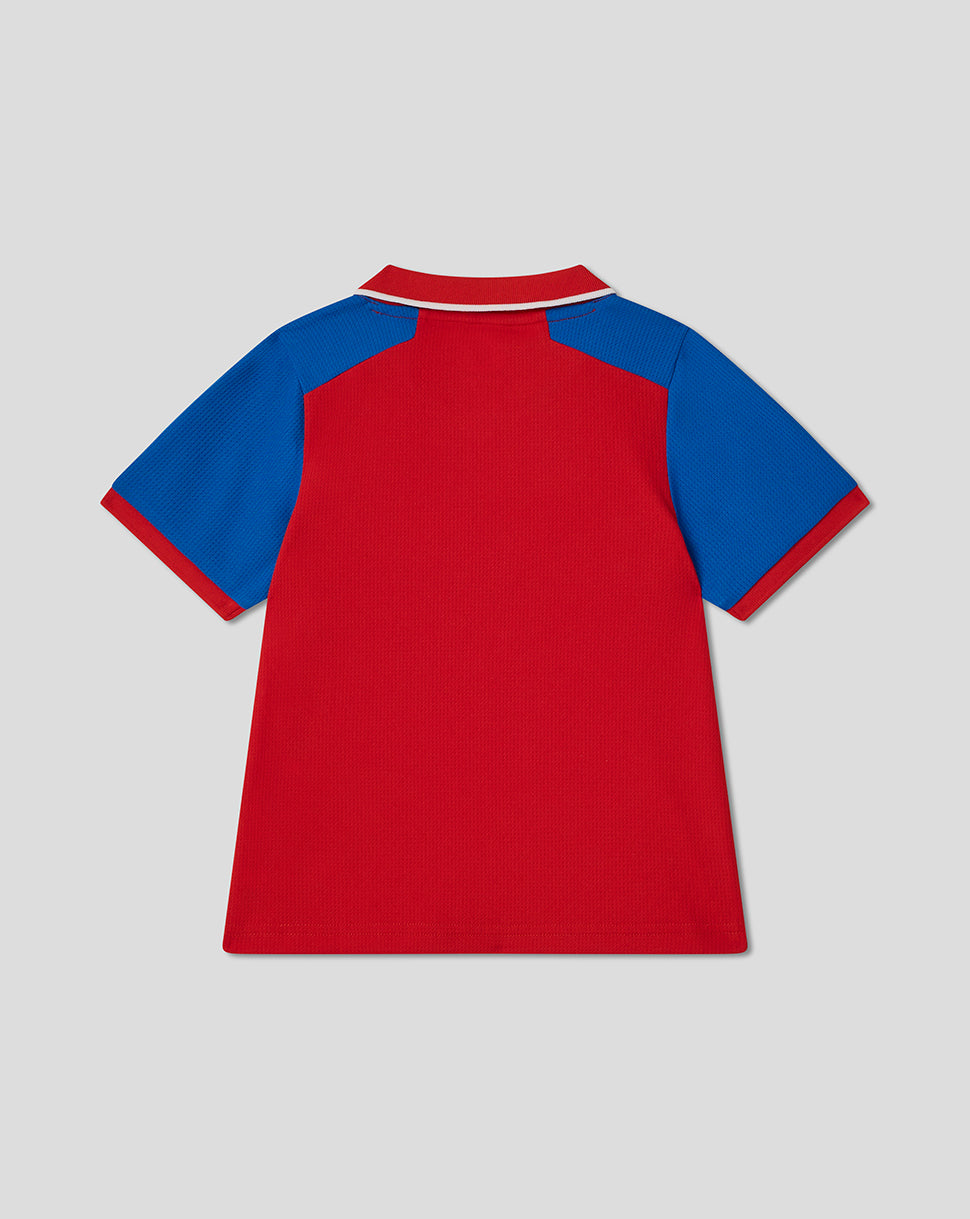 Red and blue polo shirt on a light gray background