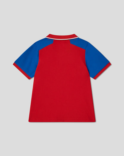 Red and blue polo shirt on a light gray background