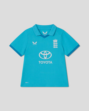Blue polo shirt with Toyota and cricket team logos on a gray background
