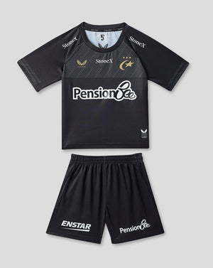Infant Saracens 2026/27 home kit shirt and shorts laid flat with StoneX on the chest and PensionBee on the shorts