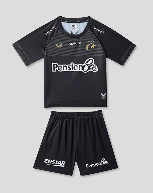 Infant Saracens 2026/27 home kit shirt and shorts laid flat with StoneX on the chest and PensionBee on the shorts