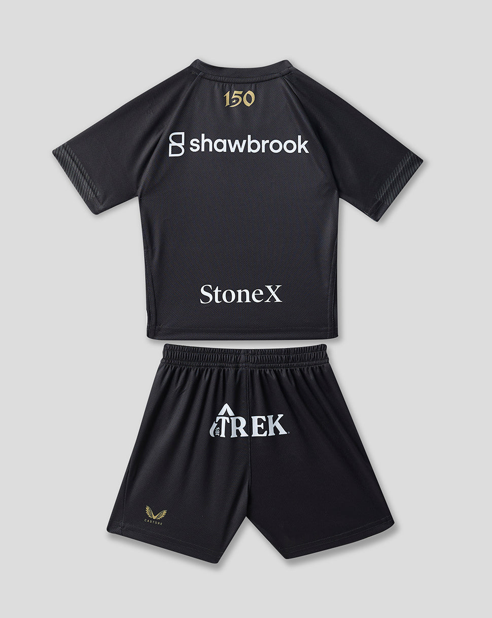 Back view of infant Saracens home kit showing 150th anniversary crest and shawbrook logo on the shirt; Enstar and PensionBee on the shorts