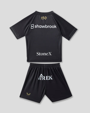 Back view of infant Saracens home kit showing 150th anniversary crest and shawbrook logo on the shirt; Enstar and PensionBee on the shorts