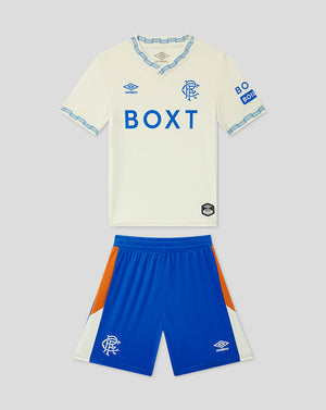 White soccer jersey with blue shorts on a gray background