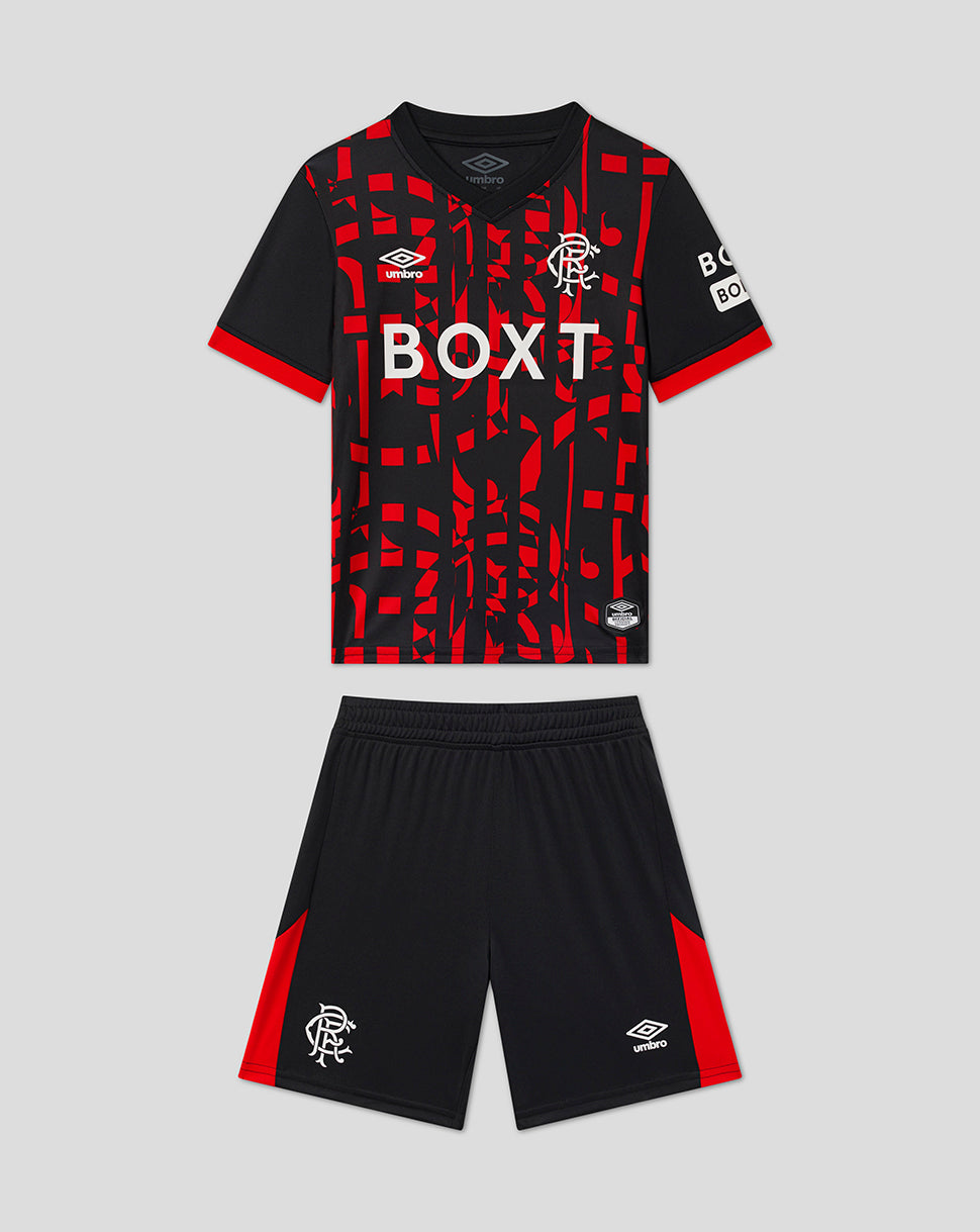 A two-piece football kit for young fans, featuring a black and red patterned short-sleeve jersey with 'BOXT' sponsor branding and 'Rangers' club crest, paired with matching black shorts with red side panels and white club crest details, all displayed on a neutral gray background.