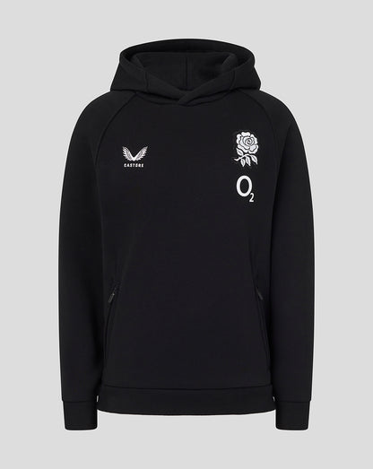 Black hoodie with white logos on a light gray background