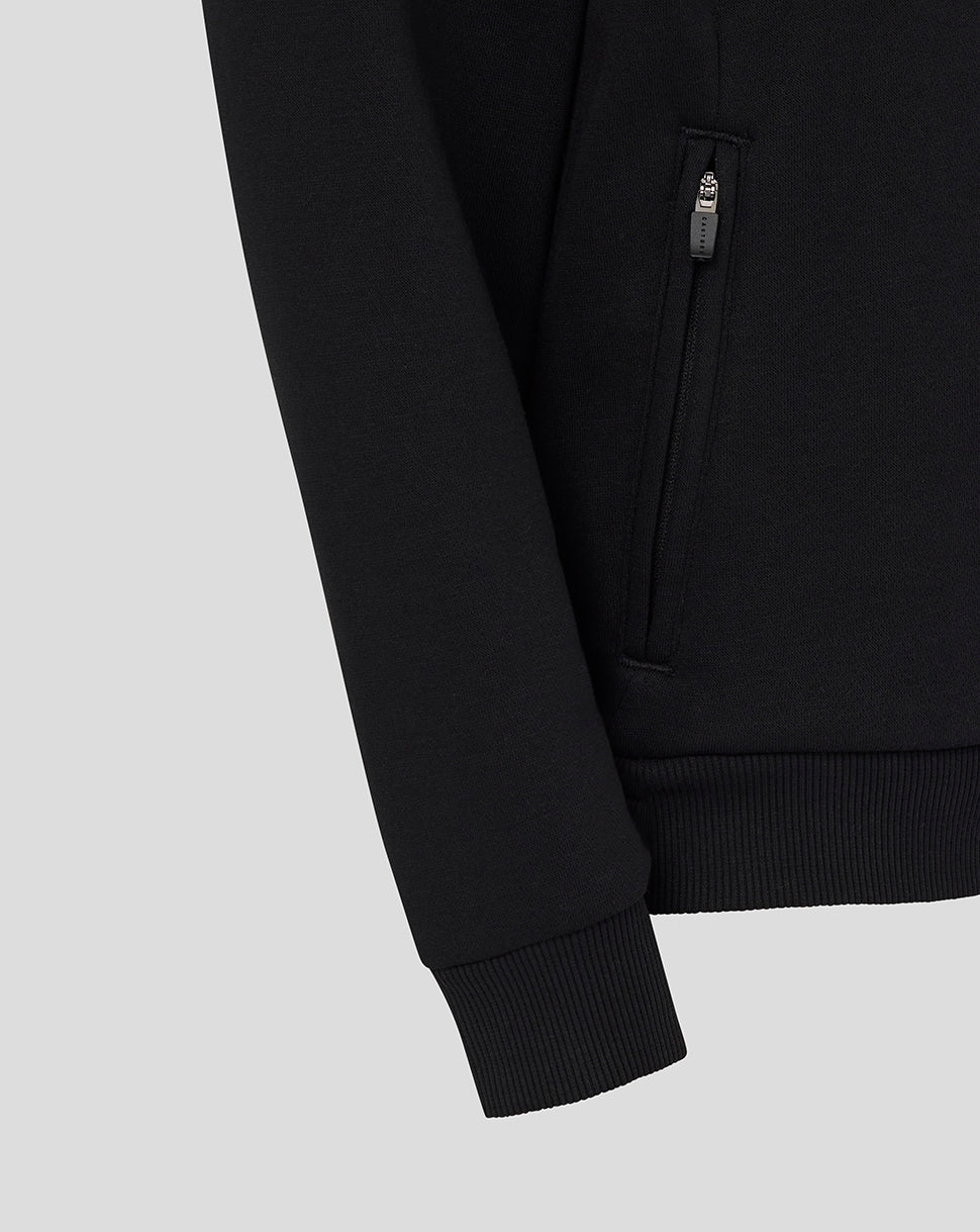 Black sweatshirt with a pocket on a light gray background