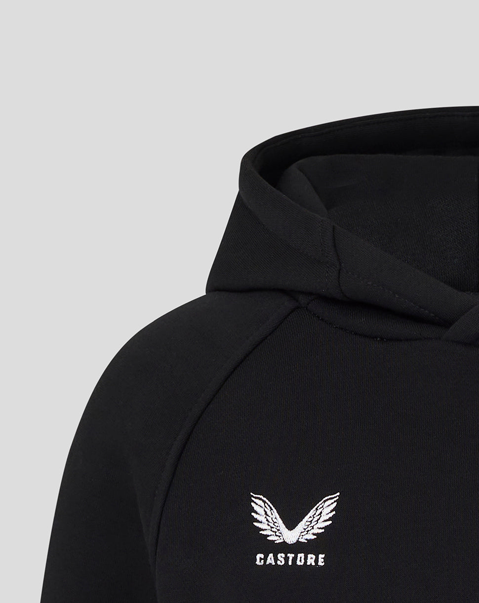 Black hoodie with white logo and text on a light gray background