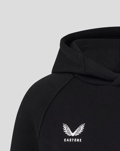 Black hoodie with white logo and text on a light gray background