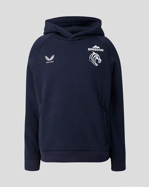 Front view of navy Leicester Tigers Adapt Fleece Travel Hoodie with crest on the chest and Castore branding.