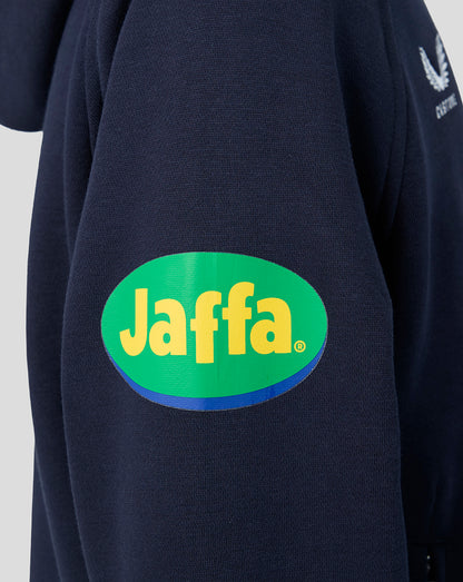 Navy Leicester Tigers travel hoodie sleeve featuring the bold Jaffa sponsor patch