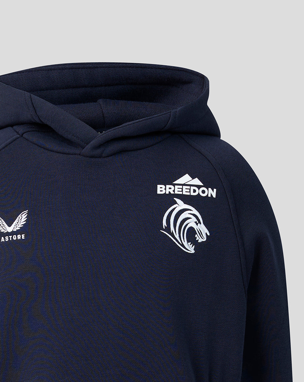 Navy Leicester Tigers travel hoodie close up showing crest and Castore branding