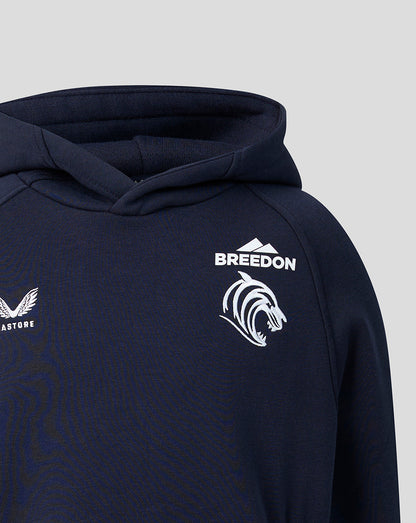 Navy Leicester Tigers travel hoodie close up showing crest and Castore branding