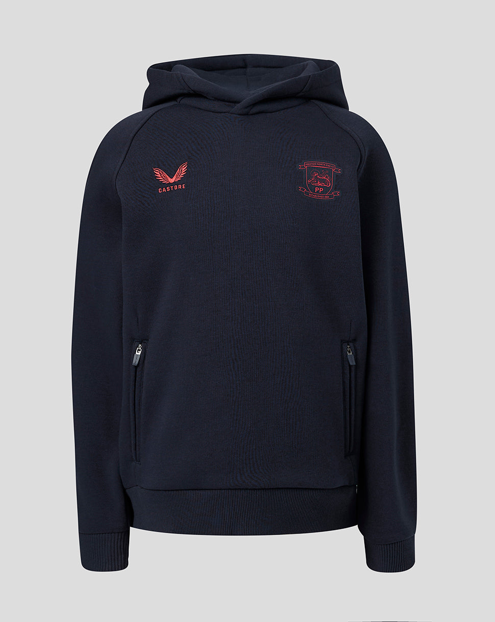 Navy blue hoodie with red logos on a light gray background