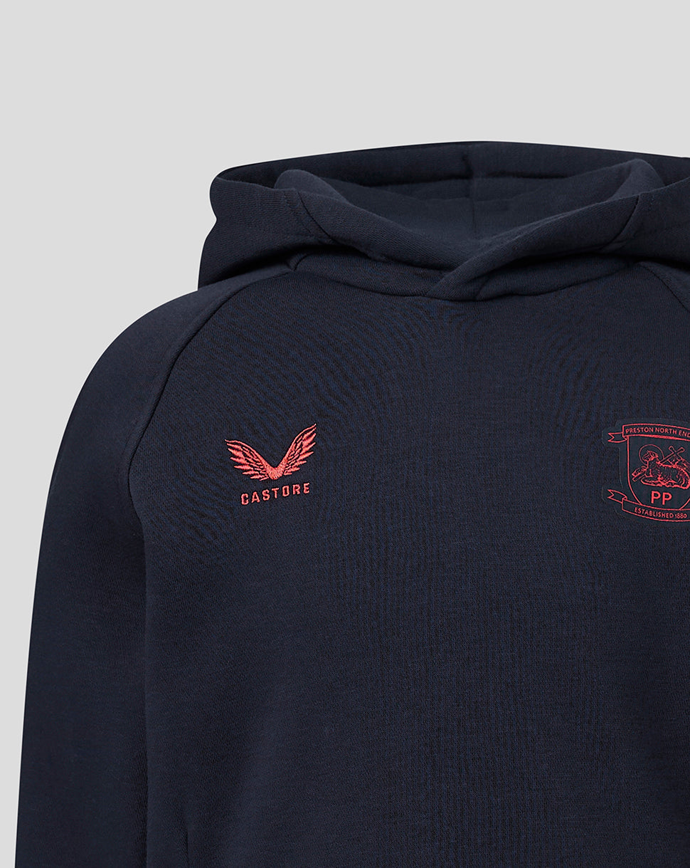 Navy hoodie with red logos on a light gray background